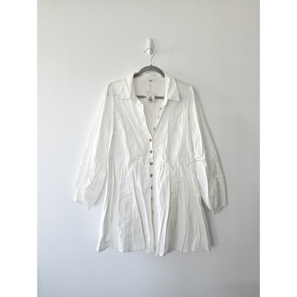 Free People White Button Down Pleated Mini Dress Long Sleeve Tunic Medium